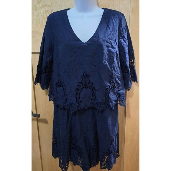 Saks 5th ave Navy V-Neck Romper Dress With Lace Accents Womens Size M - Picture 1 of 12